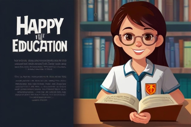 um cartaz de uma menina lendo educação feliz com um livro intitulado educação feliz