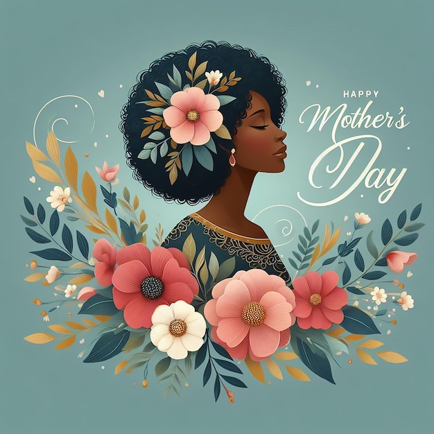 um cartaz de uma mulher com flores e as palavras feliz dia das mães