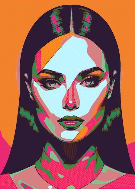 um cartaz de uma mulher com um fundo verde e rosa
