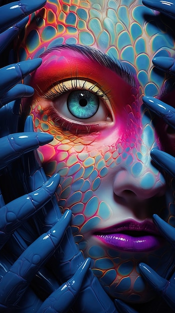 um cartaz de uma mulher com um olho azul e suas mãos pintadas com cores brilhantes