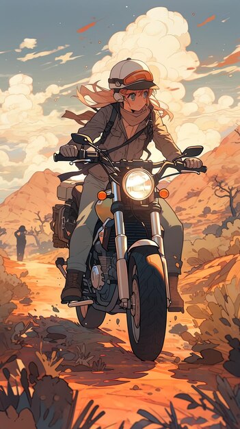 um cartaz de uma mulher em uma motocicleta com uma montanha no fundo