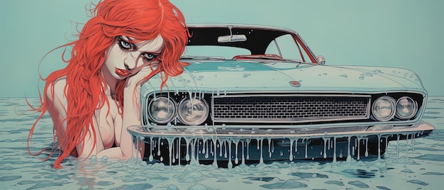 um cartaz de uma mulher na água com um carro no fundo