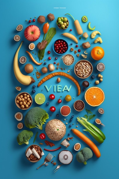 Um cartaz de vários alimentos, incluindo frutas e legumes.