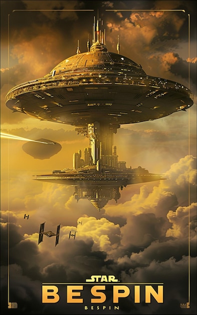 Um cartaz de viagem para o planeta Bespin dos filmes de Star Wars o planeta é uma cidade de nuvens