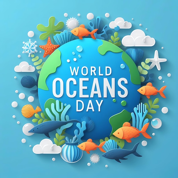 Foto um cartaz do dia dos oceanos mundiais está escrito em azul