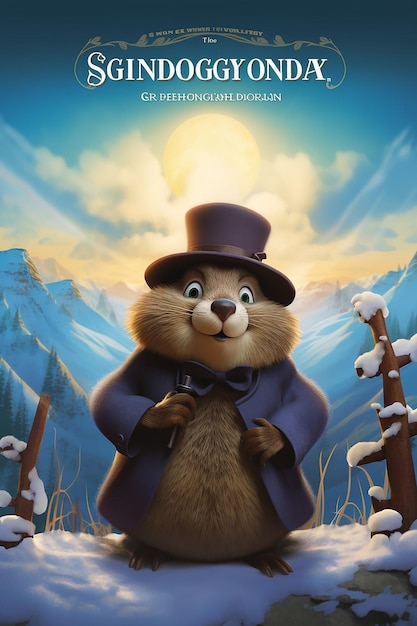 um cartaz do evento 'Groundhog Day' com um adorável personagem de marmota lançando uma sombra