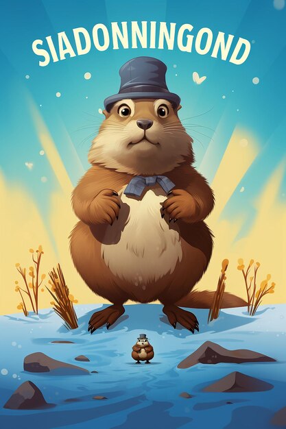 um cartaz do evento 'Groundhog Day' com um adorável personagem de marmota lançando uma sombra