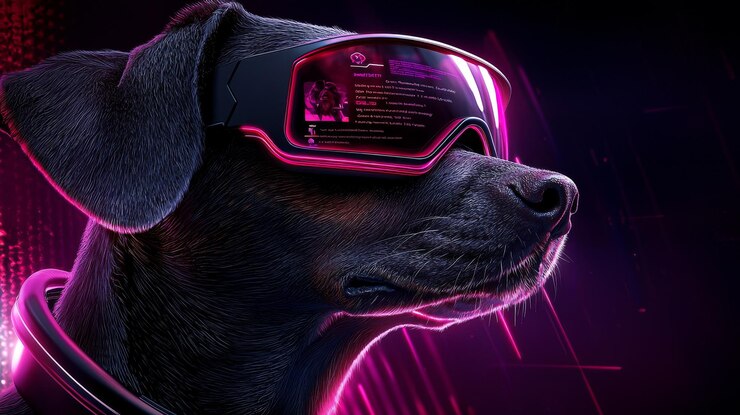 Foto um cartaz em estilo cyberpunk de um evento futurista de adoção de animais de estimação com perfis digitais de animais de companhia e interações de realidade virtual