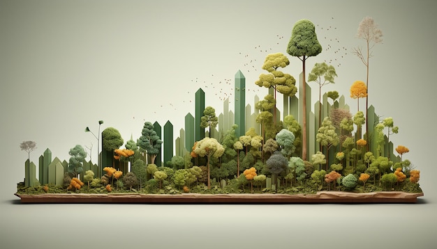um cartaz em estilo infográfico 3D mostrando um gráfico de barras feito de árvores de alturas variadas