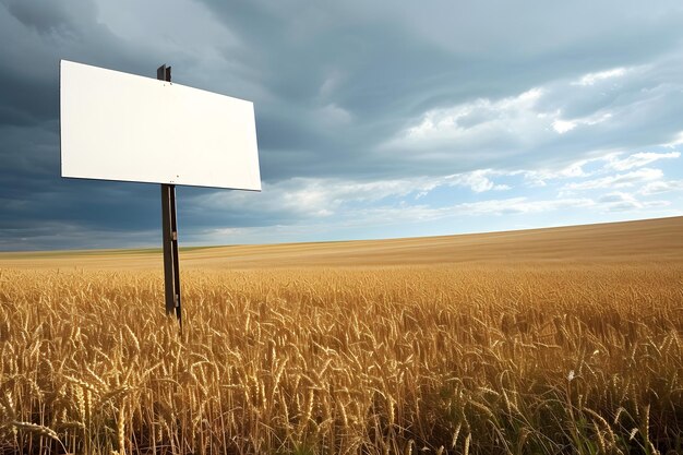 um cartaz em um campo de trigo com um céu nublado ao fundo