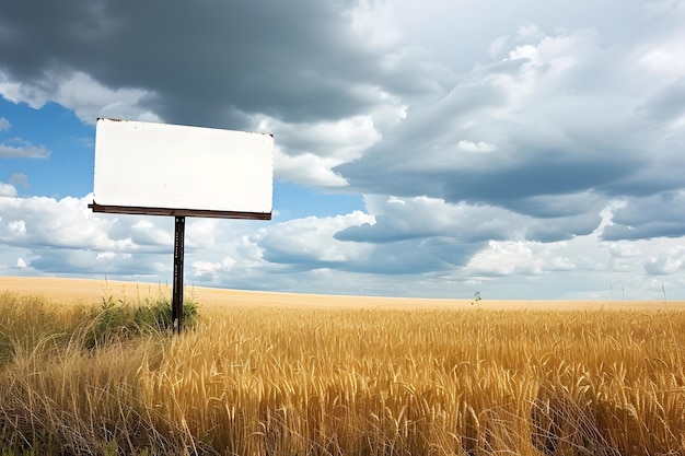 um cartaz em um campo de trigo com um fundo no céu