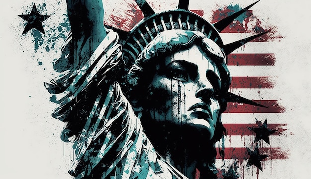 Um cartaz para a estátua da liberdade com a bandeira americana nele