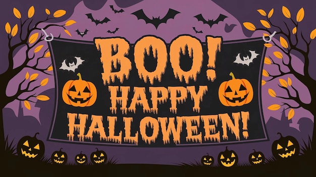 um cartaz para a festa de Halloween com abóboras e morcegos