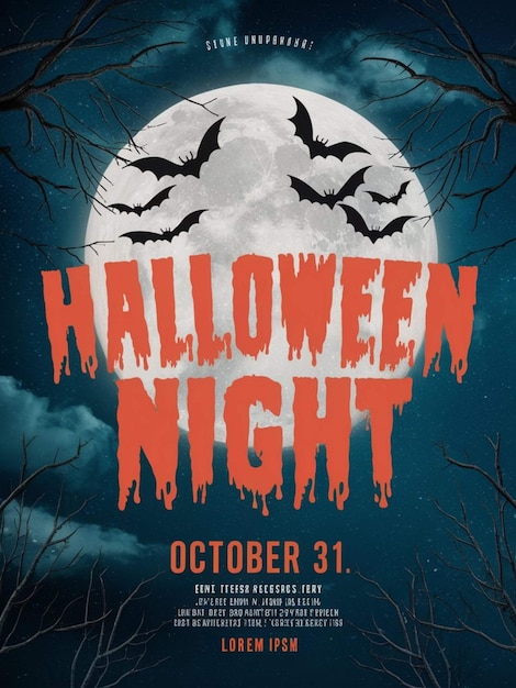 um cartaz para a noite de Halloween com morcegos na capa