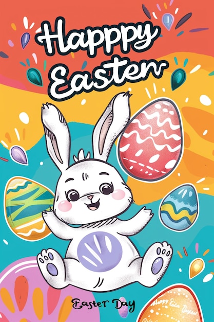 um cartaz para a Páscoa com um coelho e ovos