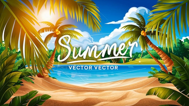 um cartaz para a praia de verão com palmeiras e uma cena de praia
