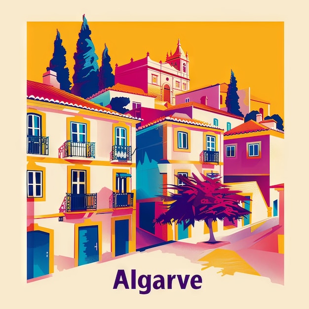 um cartaz para al alcove com uma imagem de um edifício com uma árvore em primeiro plano