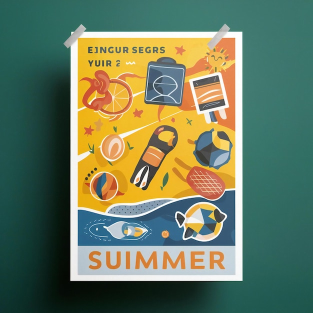 um cartaz para campistas de verão tem um fundo azul com um fundo amarelo