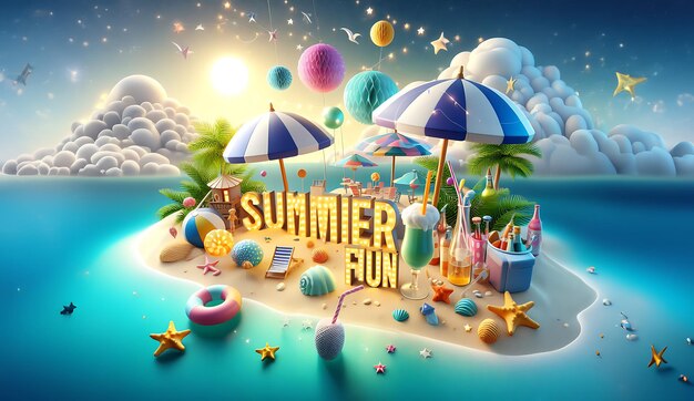 Foto um cartaz para corrida de verão em uma praia com guarda-chuvas de praia e praia