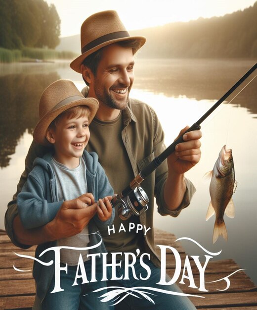 Um cartaz para dias de pai dias de dia com um pai e seu filho pescando