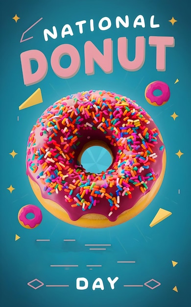 Foto um cartaz para donuts com uma imagem de um donut com a palavra donuts nele