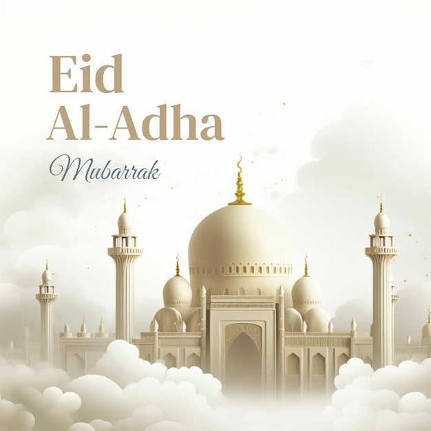 Um cartaz para eid al adha com nuvens ao fundo.