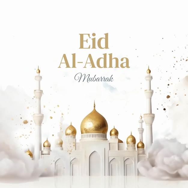 Um cartaz para eid al adha com nuvens e uma mesquita ao fundo.