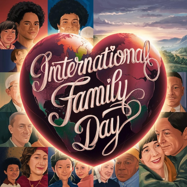 um cartaz para famílias internacionais com um coração que diz Dia Internacional das Famílias