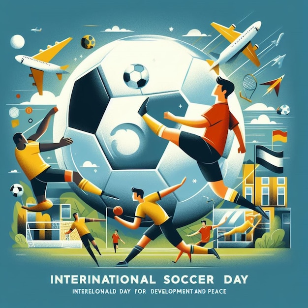 Foto um cartaz para futebol internacional com pessoas jogando futebol e um meio azul