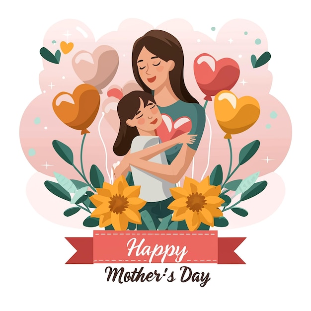 um cartaz para mãe e filha com balões e uma faixa que diz feliz dia das mães
