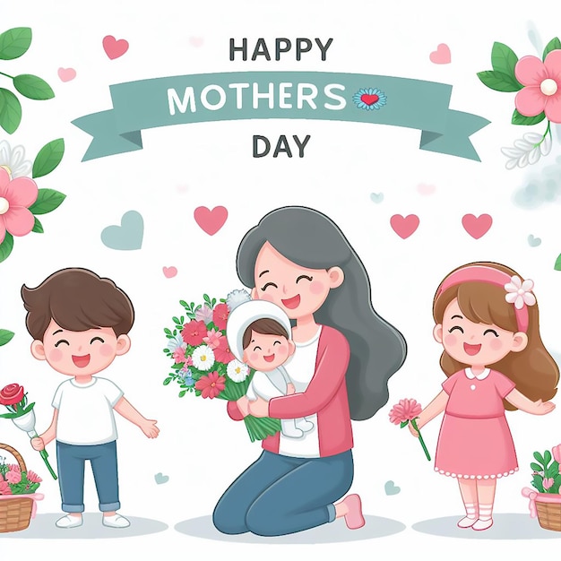 um cartaz para mãe e filha com flores e uma faixa dizendo feliz dia das mães