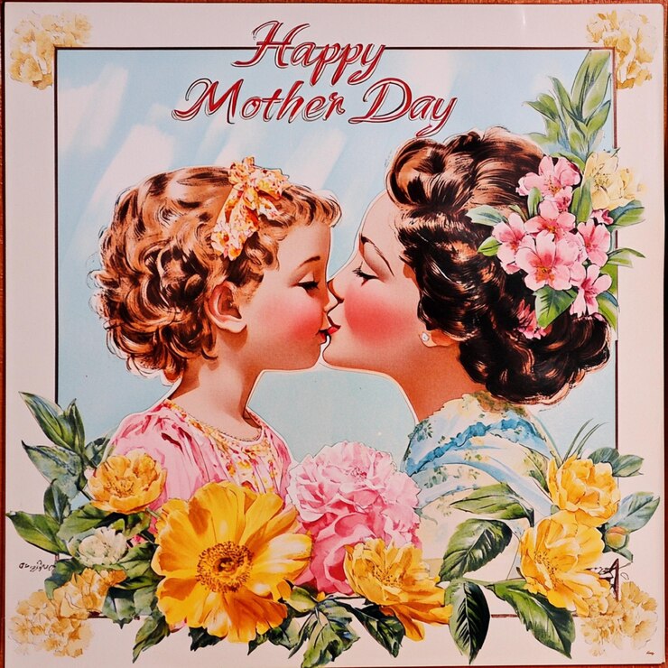 Foto um cartaz para mãe e filha com flores e uma foto de mãe e filha