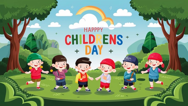 um cartaz para o aniversário das crianças com crianças de mãos dadas