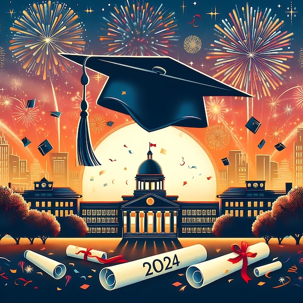 um cartaz para o ano de 2012 com fogos de artifício e um boné de formatura