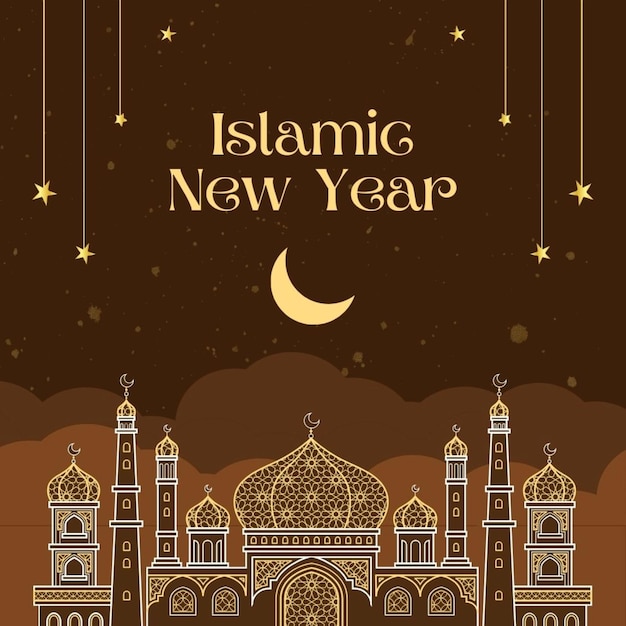 um cartaz para o ano novo do ano com uma mesquita no topo