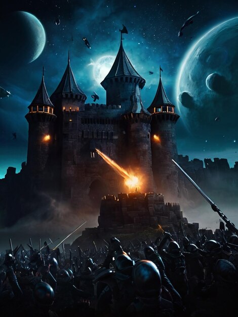 um cartaz para o castelo com um dragão no topo
