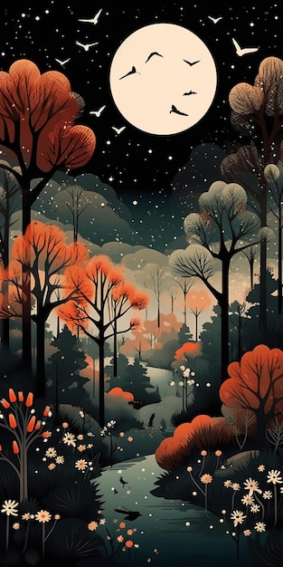 Um cartaz para o céu noturno com uma floresta e uma estrada no meio.