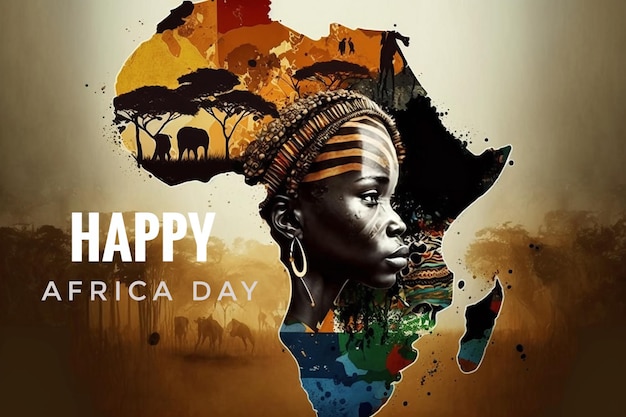 Um cartaz para o dia da áfrica com uma mulher no meio.