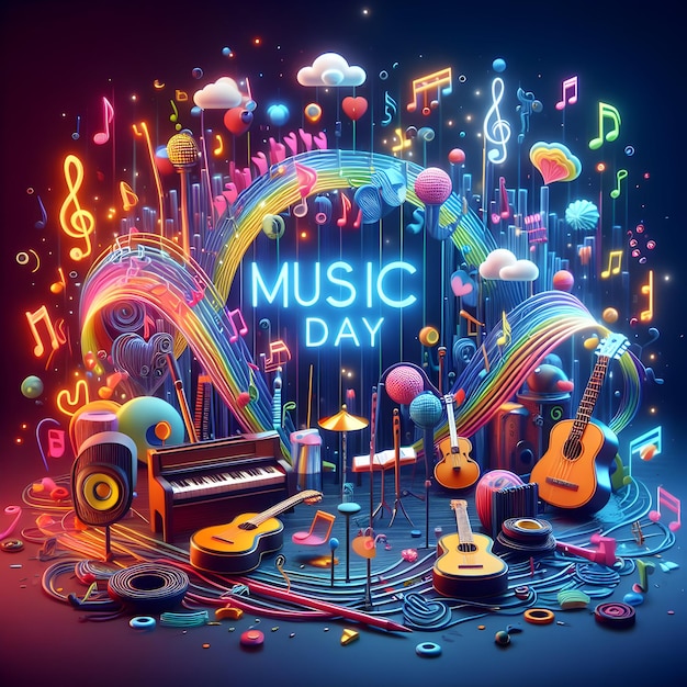 um cartaz para o dia da música com um arco-íris e notas de música