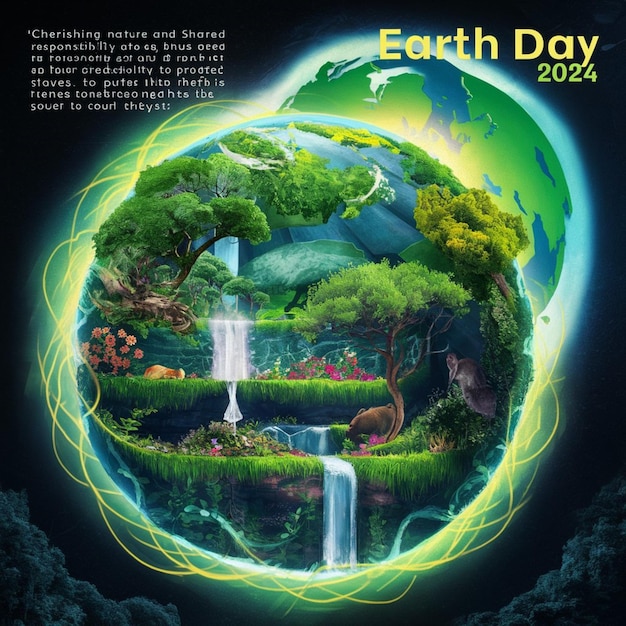 um cartaz para o dia da Terra com uma cachoeira e cachoeiro