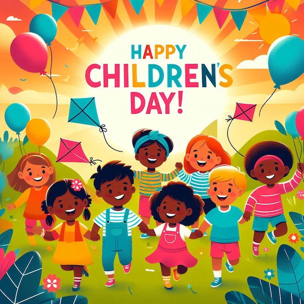 Foto um cartaz para o dia das crianças, um dia feliz com balões ao fundo