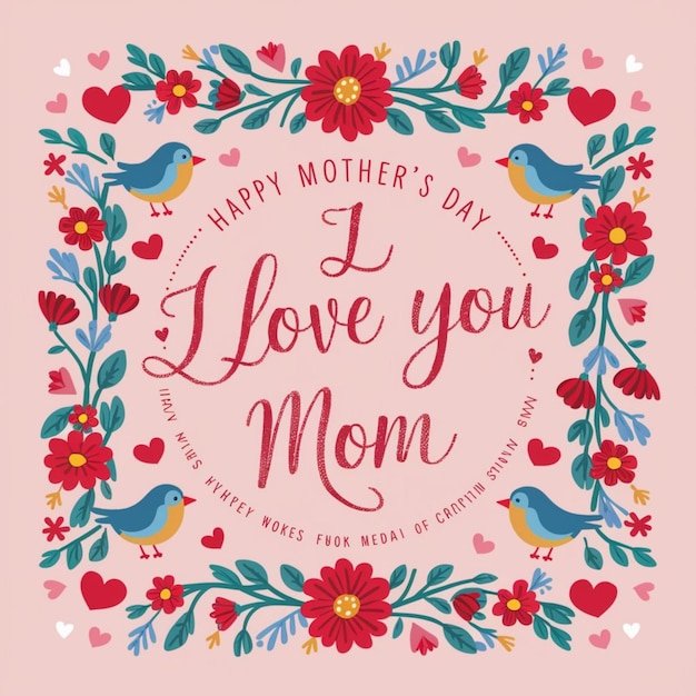 Foto um cartaz para o dia das mães com flores e uma foto de uma mãe e sua
