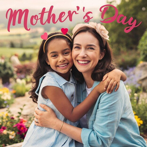 um cartaz para o dia das mães com uma menina abraçando-a