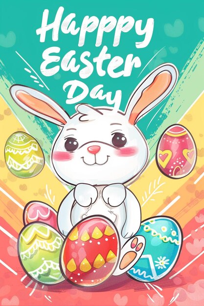 um cartaz para o dia de Páscoa com um coelho e ovos