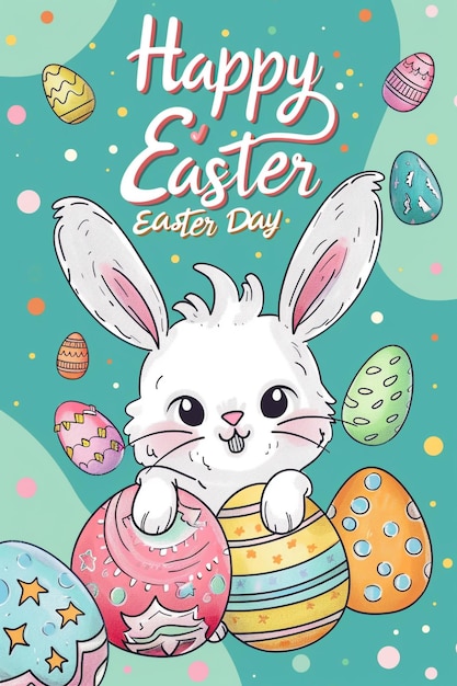 um cartaz para o dia de Páscoa com um coelho segurando um ovo de Páscua