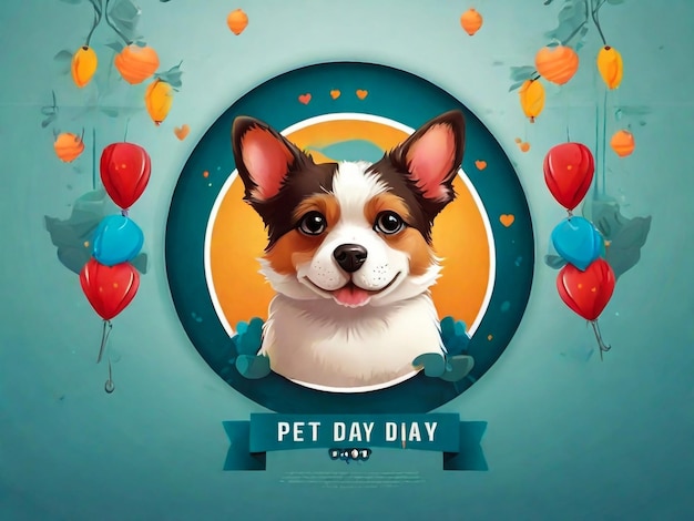 um cartaz para o dia do animal de estimação dia do dia com balões e uma faixa que diz dia do animal