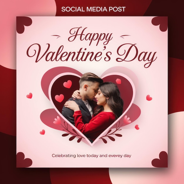 um cartaz para o Dia dos Namorados com um casal a beijar e um cartão em forma de coração