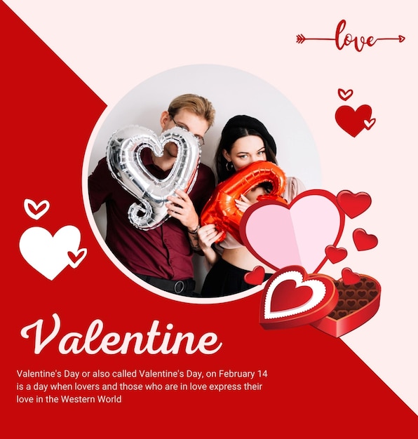 Um cartaz para o Dia dos Namorados com um casal segurando corações
