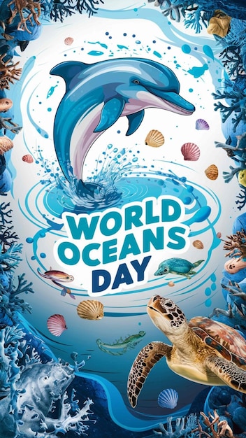 um cartaz para o Dia dos Oceanos Mundiais com tartarugas marinhas