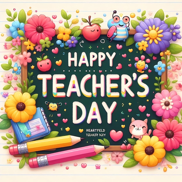 Foto um cartaz para o dia dos professores com flores e um livro intitulado feliz dia dos profesores
